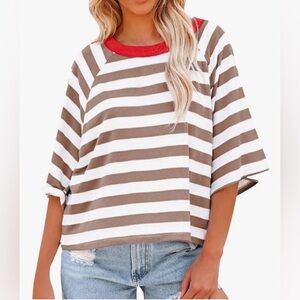 NWOT Dokotoo 3/4 Sleeve Stripe‎ Oversized Tee Shirt Top SZ S Cream Brown